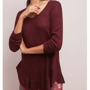 Anthropologie Saturday Sunday Wendy Waffle Knit Thermal Top Ruffle Wrap Back